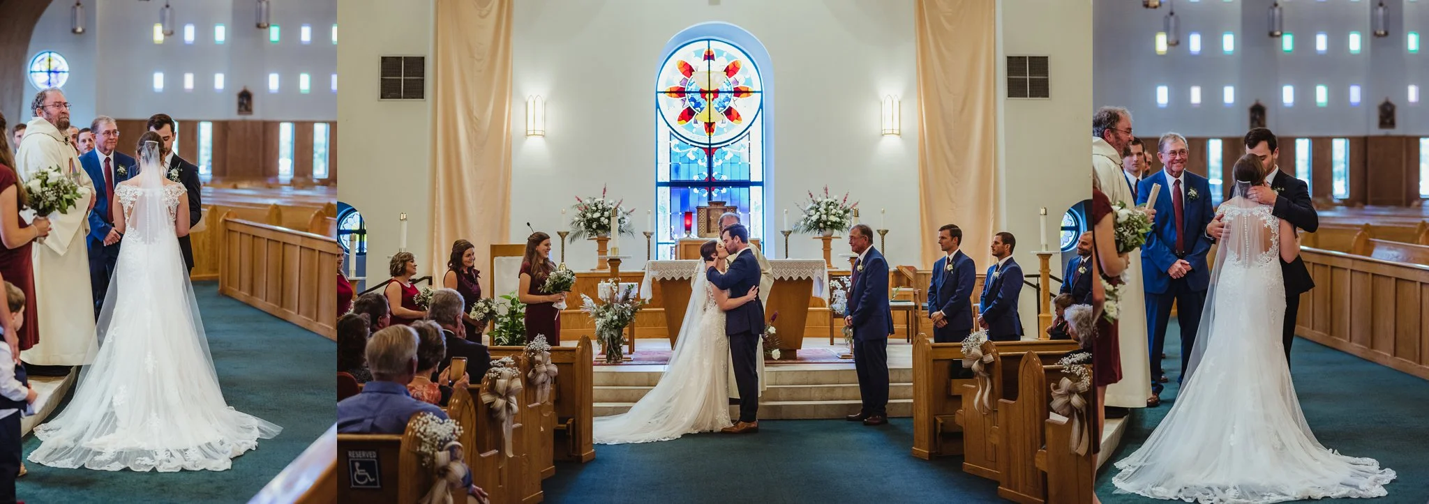 The bride and groom have a first kiss as husband and wife at their wedding ceremony at Saint Bernadette’s Catholic Church in Fuquay Varina, North Carolina. Photo by Rose Trail Images.