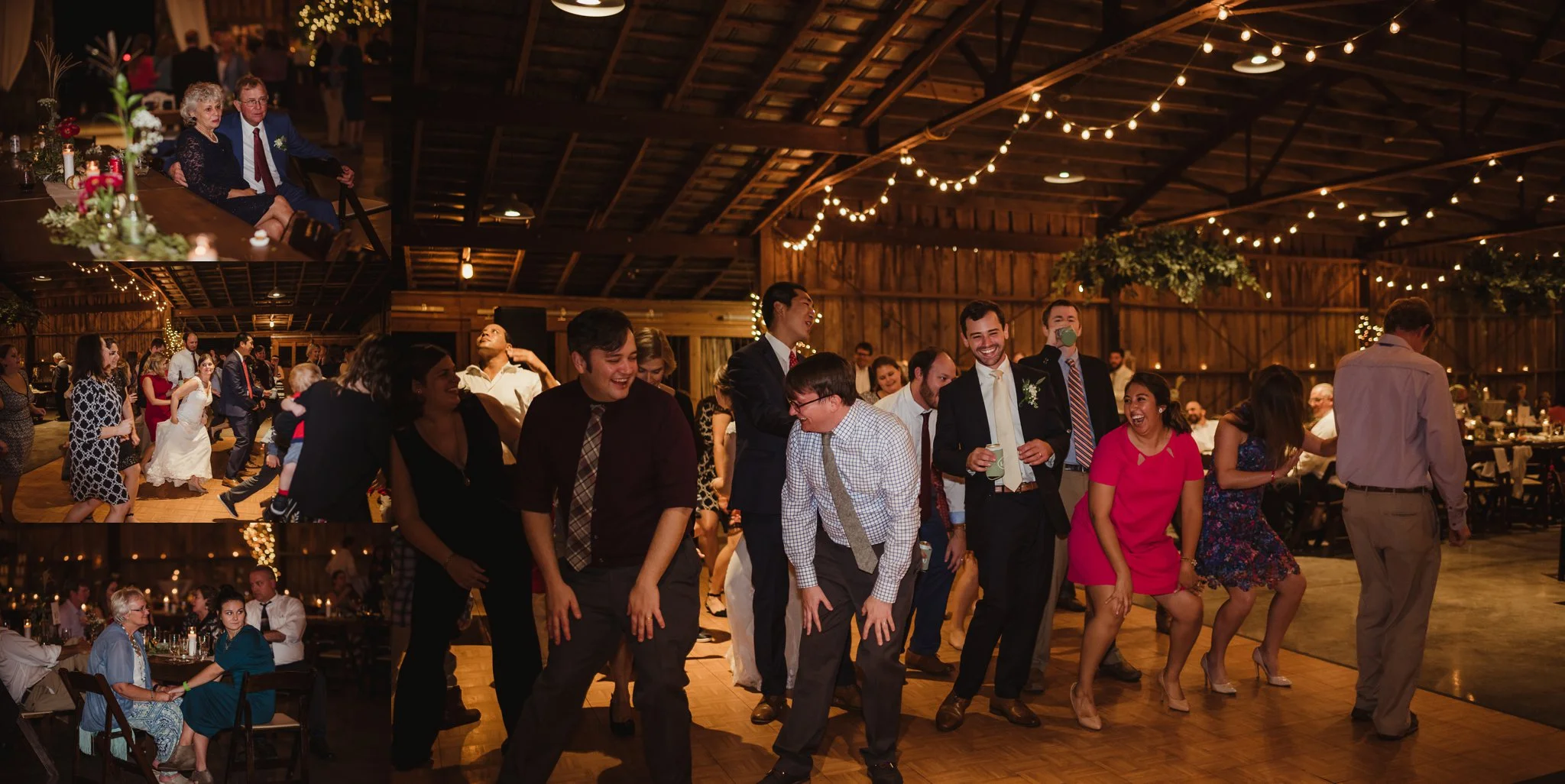 The bride and groom and their guests enjoy dancing during their wedding reception at the Little Herb House in Raleigh, North Carolina. Photos by Rose Trail Images.