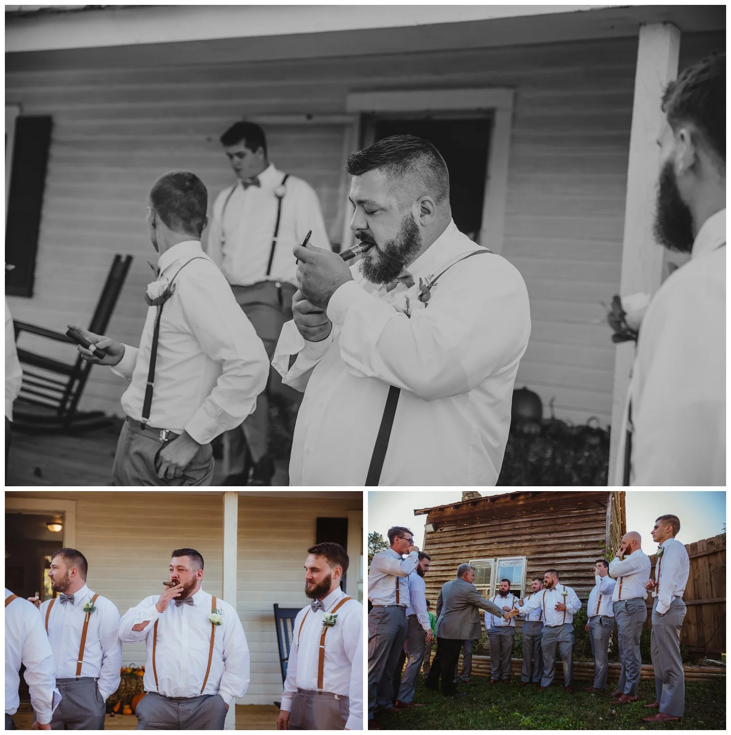 The groom and his groomsmen light cigars before the wedding ceremony at The Warren Estate, images by Rose Trail Images of Rolesville, NC.