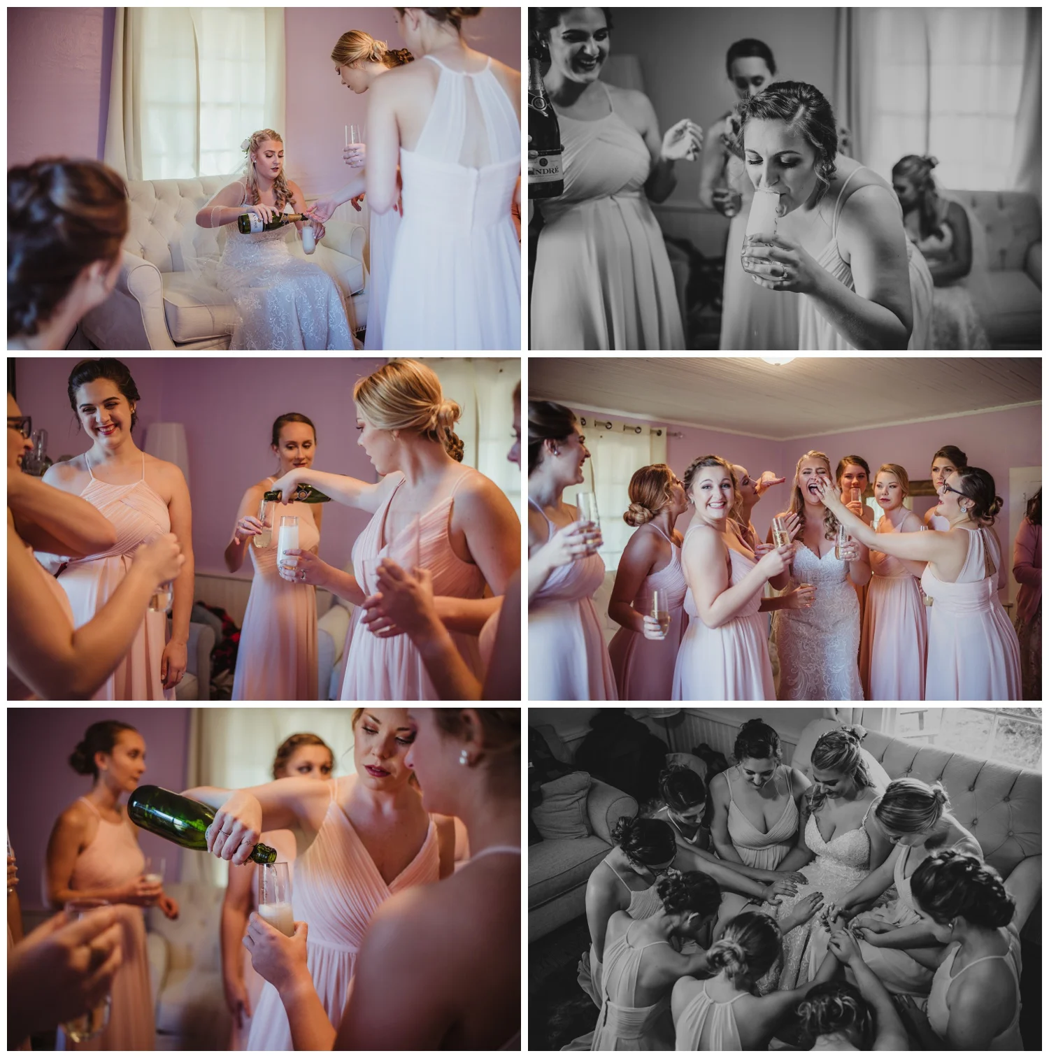 The bride and her girls toast with champagne before her wedding ceremony at The Warren Estate, images by Rose Trail Images of Rolesville, NC.