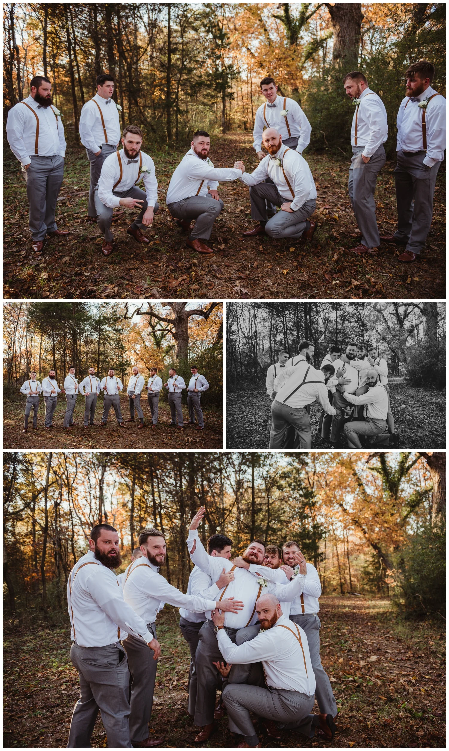 The groom poses with his groomsmen in the woods after their wedding ceremony at The Warren Estate, images by Rose Trail Images of Rolesville, NC.