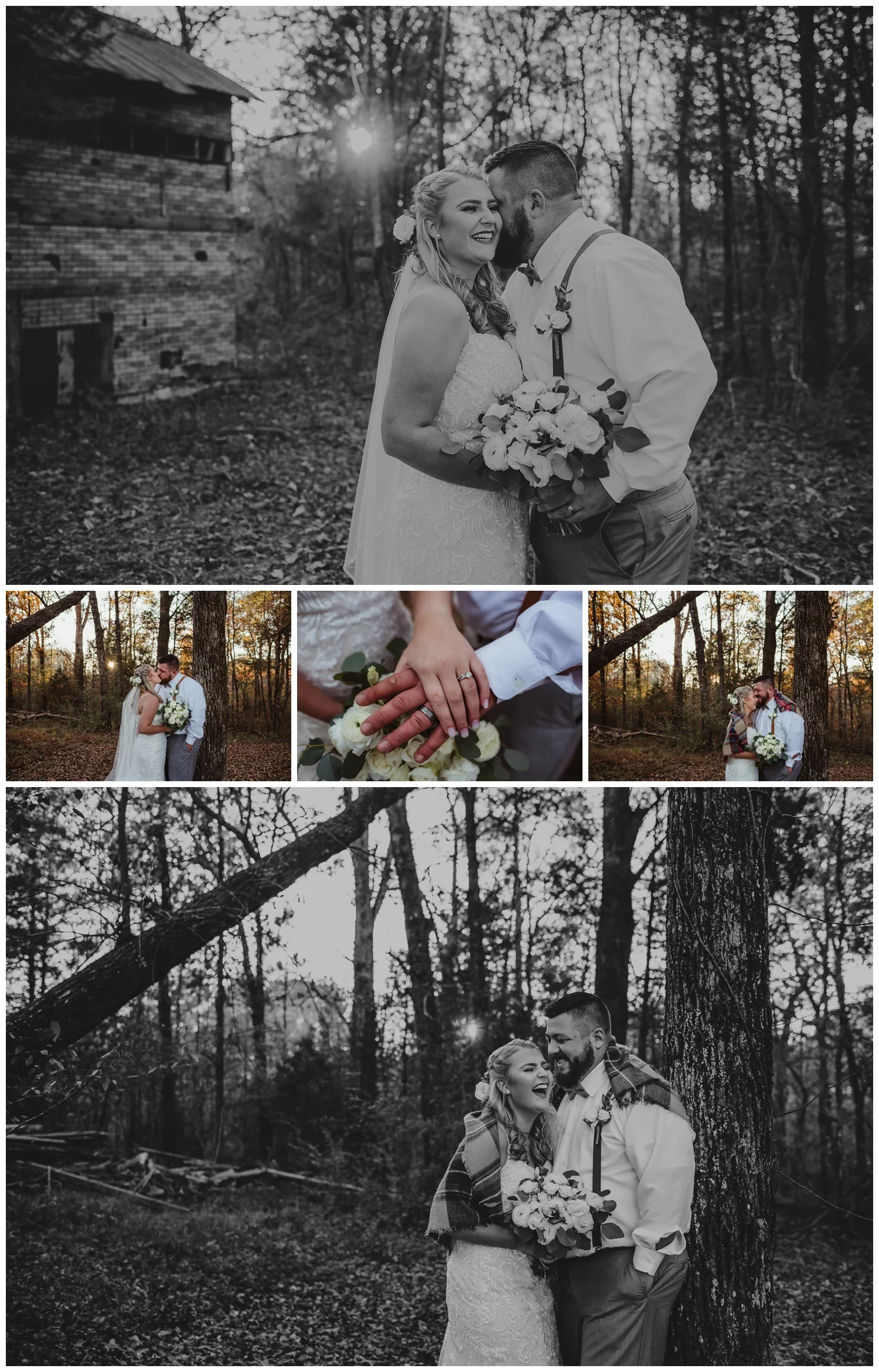 The bride and groom pose in the woods for wedding pictures at The Warren Estate, images by Rose Trail Images of Rolesville, NC.