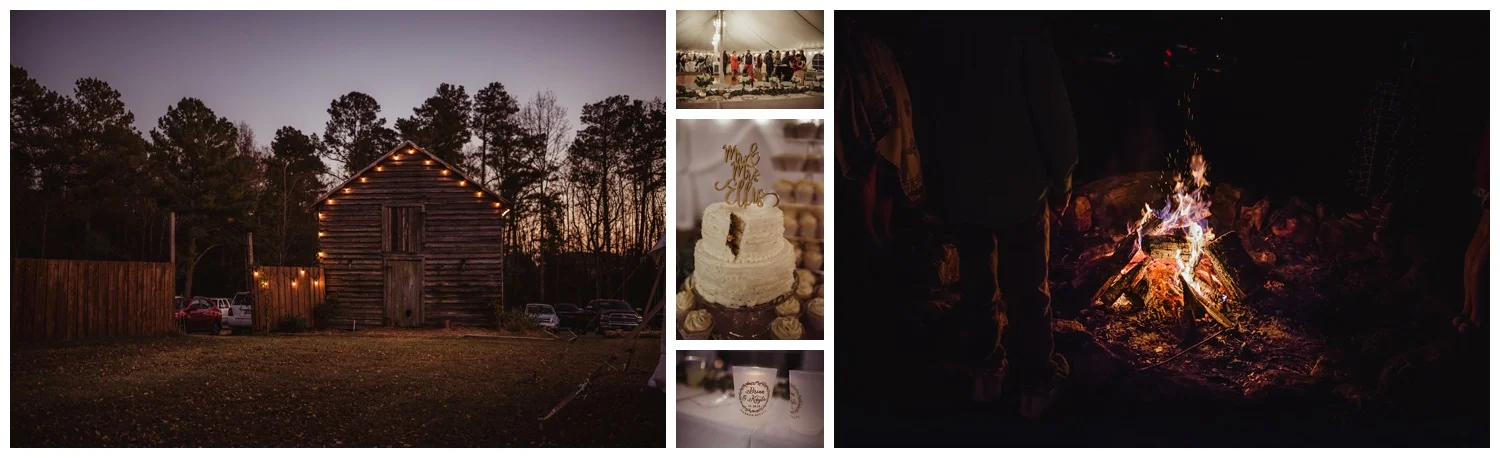 The wedding reception at The Warren Estate had lights outside the barn, a bonfire, and beautiful wedding details, images by Rose Trail Images of Rolesville, NC.