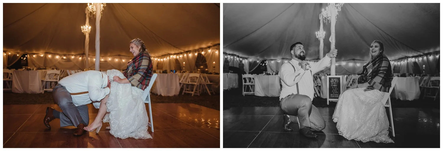 The wedding reception at The Warren Estate had had the groom getting the garter with his teeth, images by Rose Trail Images of Rolesville, NC.