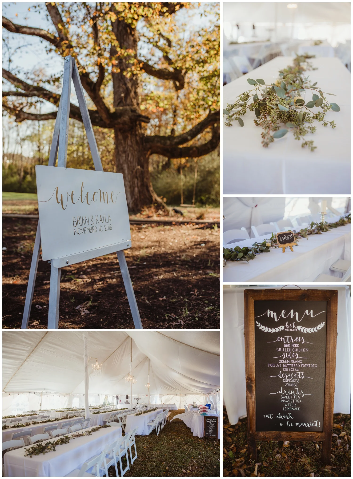Wedding details for a reception at The Warren Estate included hand written signs and lots of greenery, images by Rose Trail Images of Rolesville, NC.