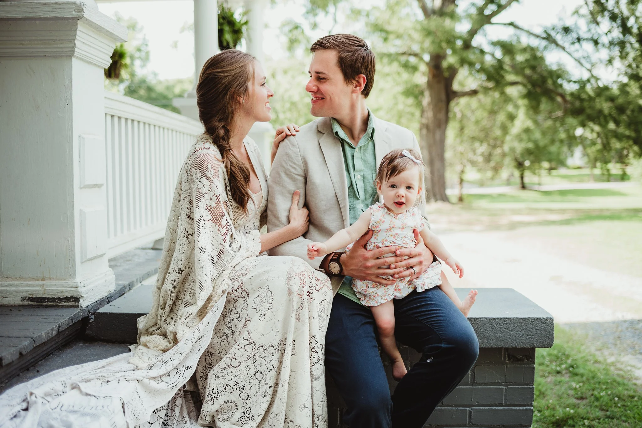 Family pictures done with Mama wearing a Reclamation boho vintage lace dress at the Mason Street Manor, available for rent in Rolesville North Carolina by Rose Trail Images.