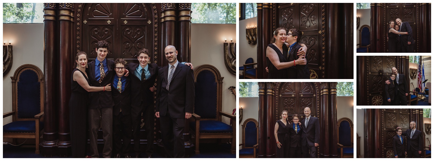 Family portraits on the bima before the bar mitzvah ceremony at Temple Beth Or in Raleigh, NC, pictures by Rose Trail Images.