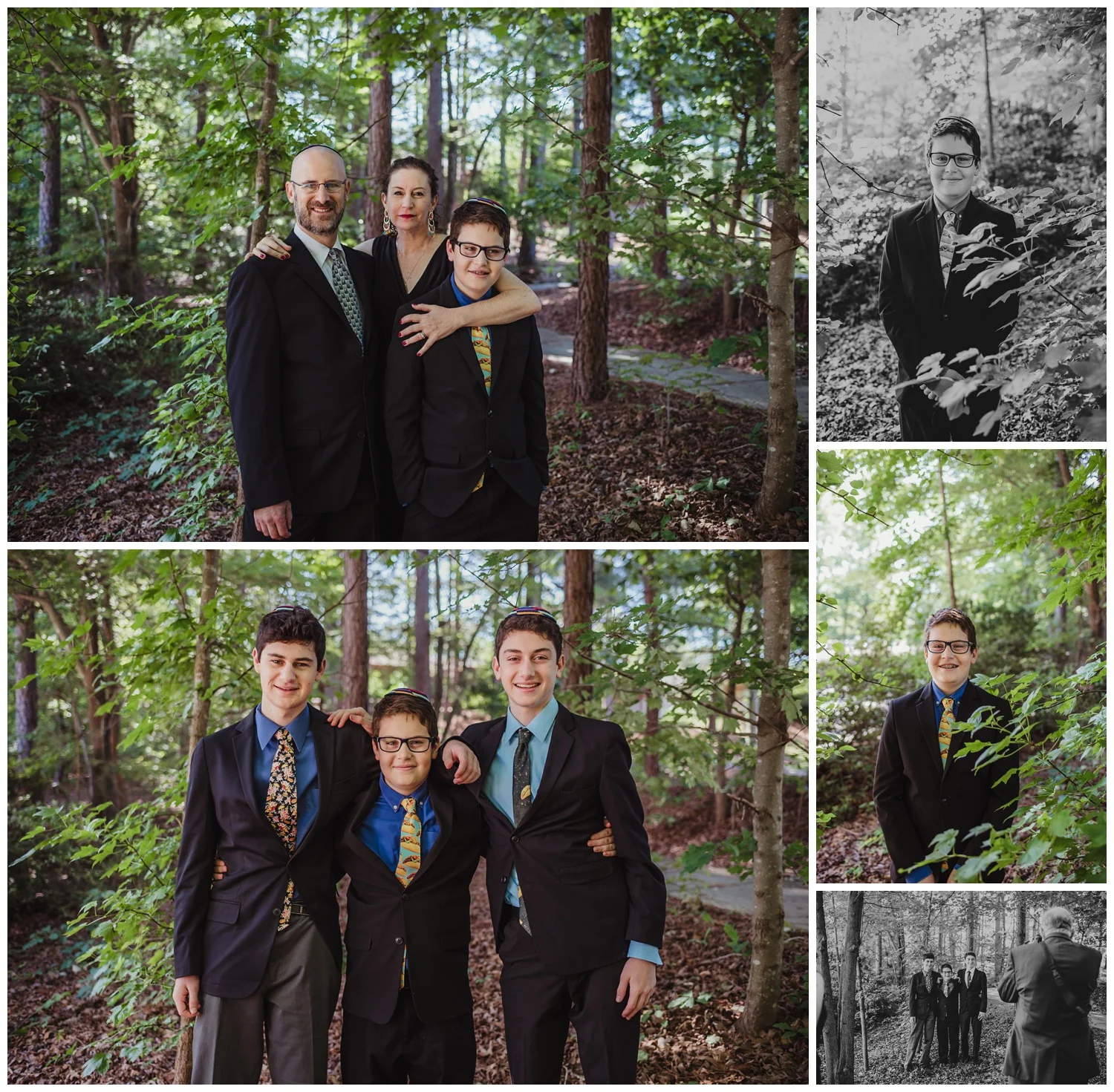 Family and individual portraits outside before the bar mitzvah ceremony at Temple Beth Or in Raleigh, NC, pictures by Rose Trail Images.