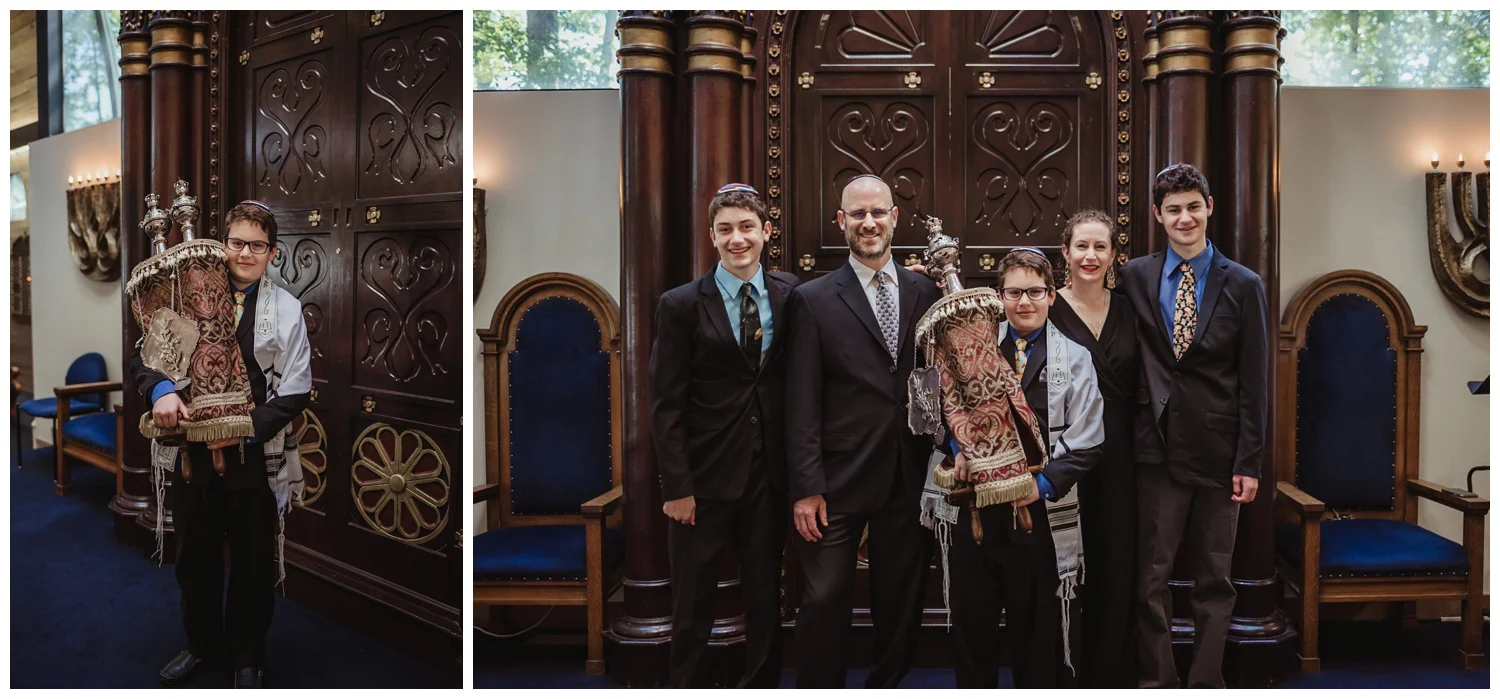 Family portraits with the Torah before the bar mitzvah ceremony at Temple Beth Or in Raleigh, NC, pictures by Rose Trail Images.