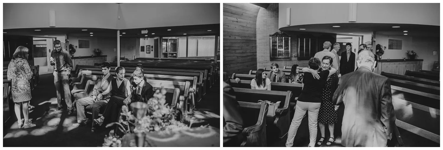 Black and white candids of the family in the congregation before the bar mitzvah ceremony at Temple Beth Or in Raleigh, NC, pictures by Rose Trail Images.