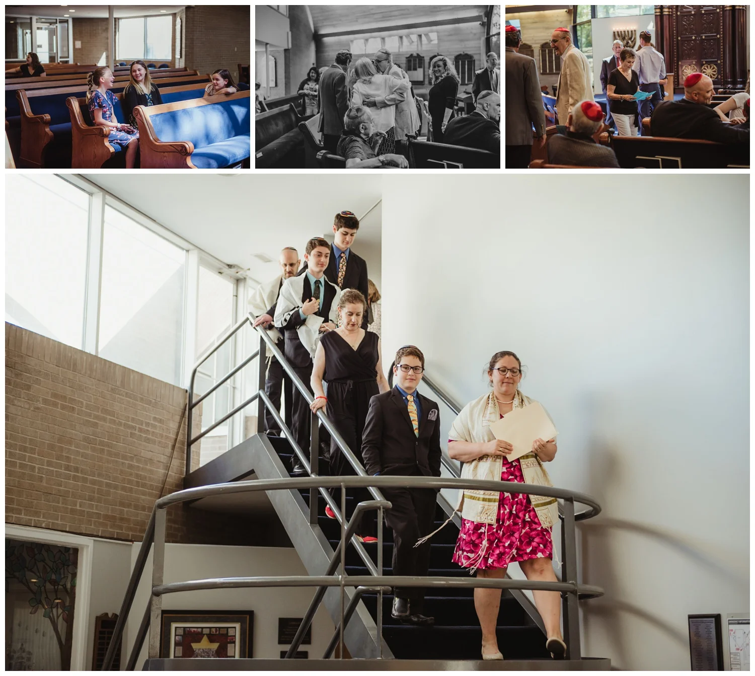 Family and friends in the sanctuary before the bar mitzvah ceremony at Temple Beth Or in Raleigh, NC, pictures by Rose Trail Images.