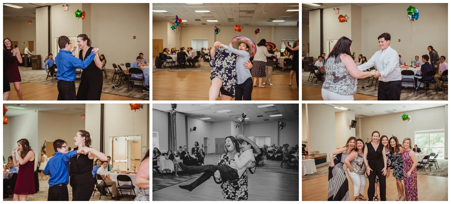 At the Mexican themed mitzvah guests had a dance contest with their moms, pictures taken at Temple Beth Or in Raleigh, NC by Rose Trail Images.