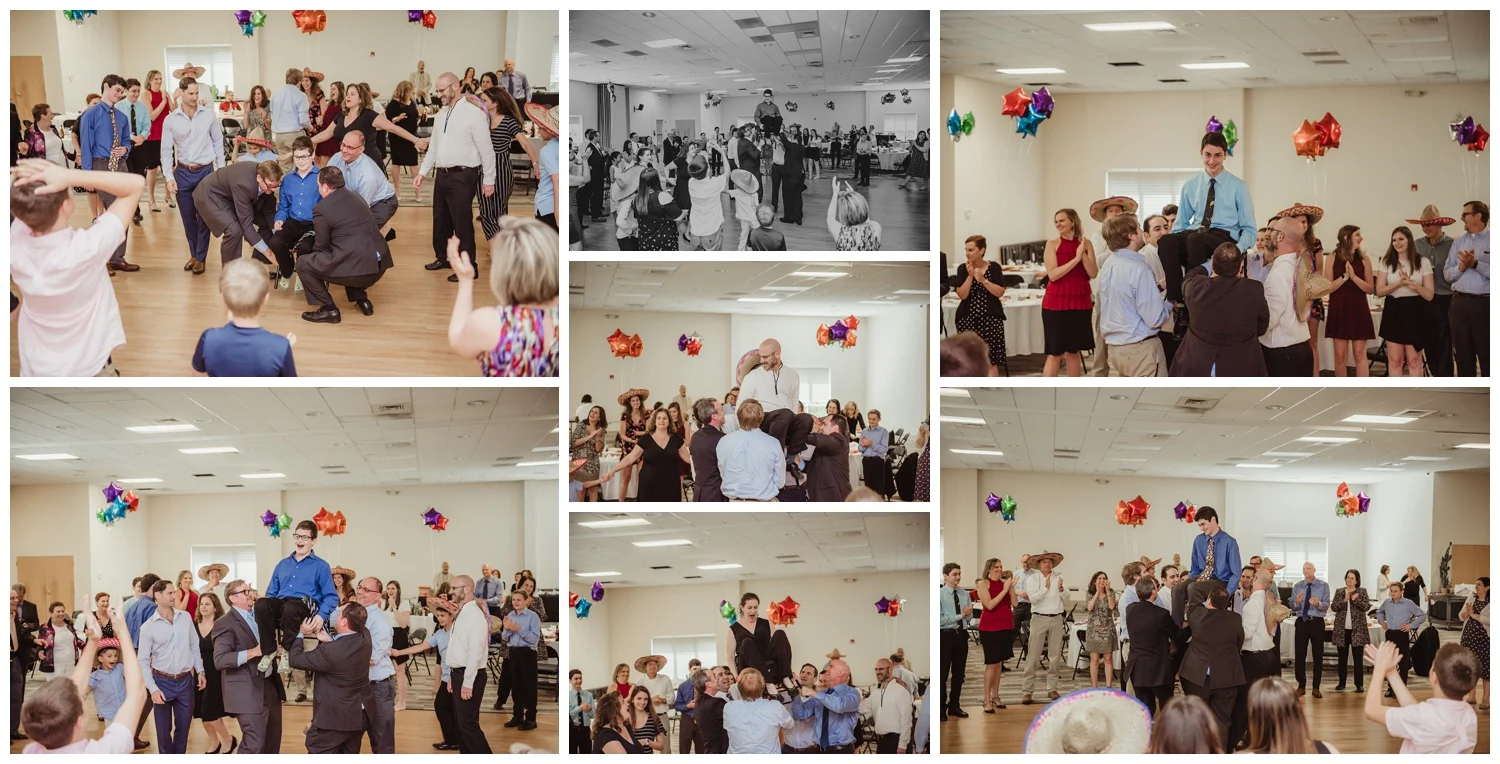 At the Mexican themed mitzvah guests danced the hora, pictures taken at Temple Beth Or in Raleigh, NC by Rose Trail Images.
