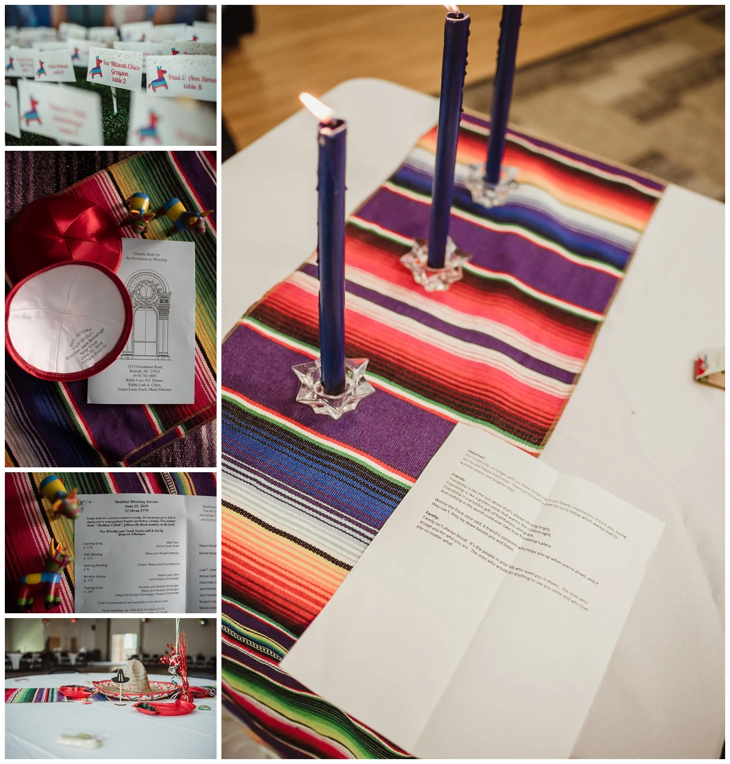 Details of the Mexican themed mitzvah celebration, including centerpieces and invites, at Temple Beth Or in Raleigh, pictures by Rose Trail Images.