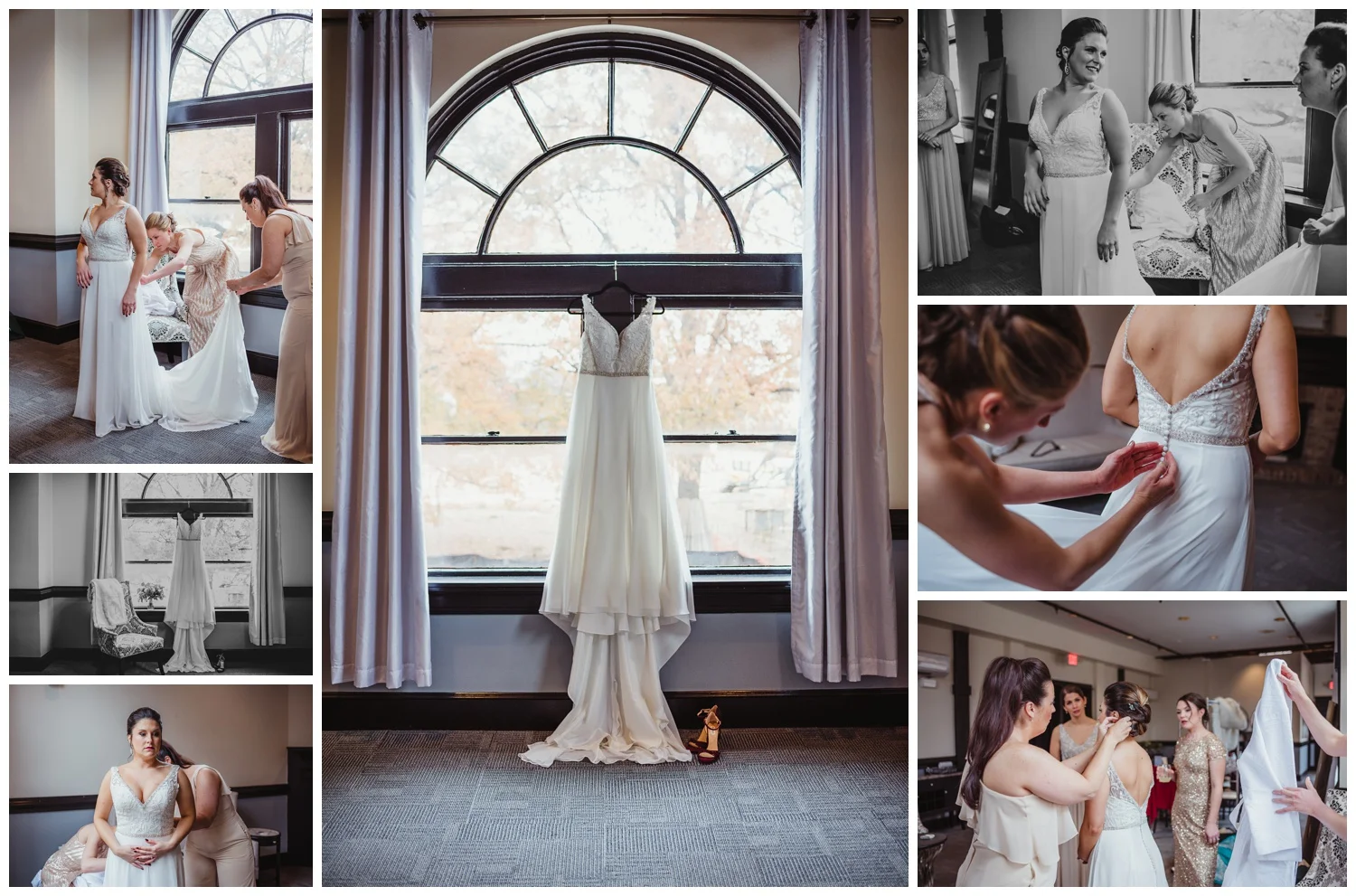 The bride got dressed with her bridesmaids before her wedding ceremony in downtown Raleigh, photos by Rose Trail Images.
