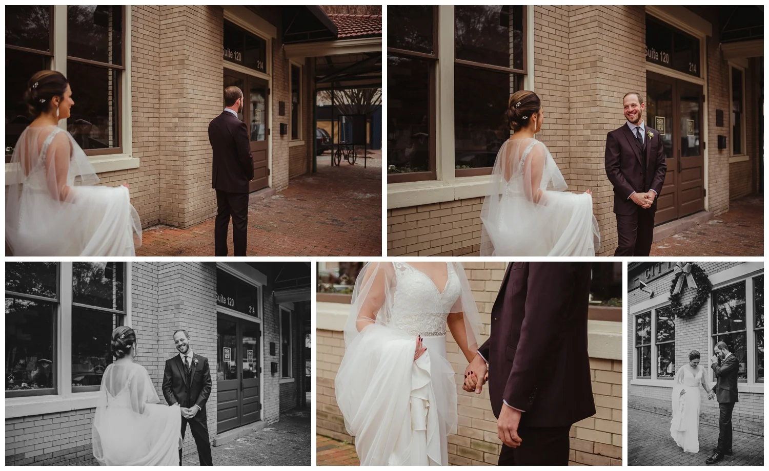 The bride and groom had a first look before their wedding ceremony in downtown Raleigh, photos by Rose Trail Images.