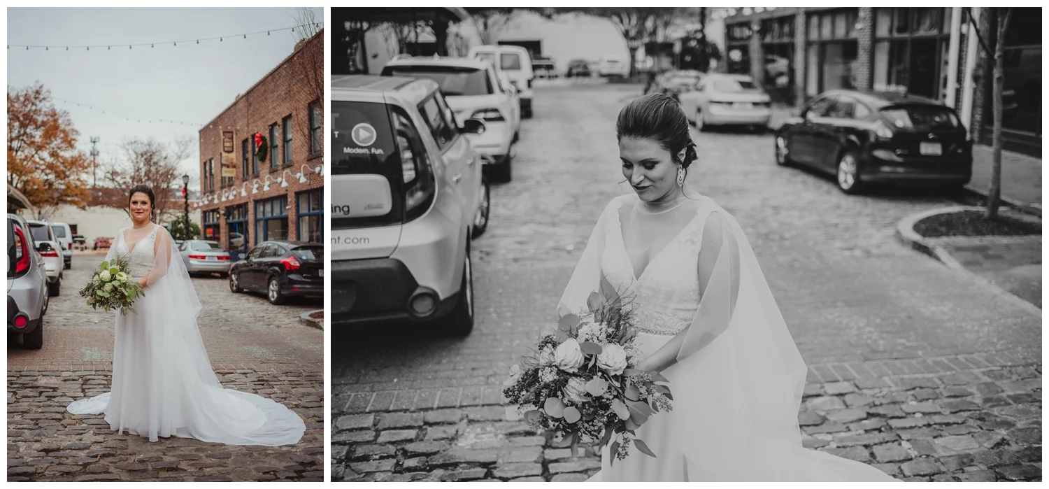 The bride posed on the cobblestones outside before her wedding ceremony in downtown Raleigh, photos by Rose Trail Images.