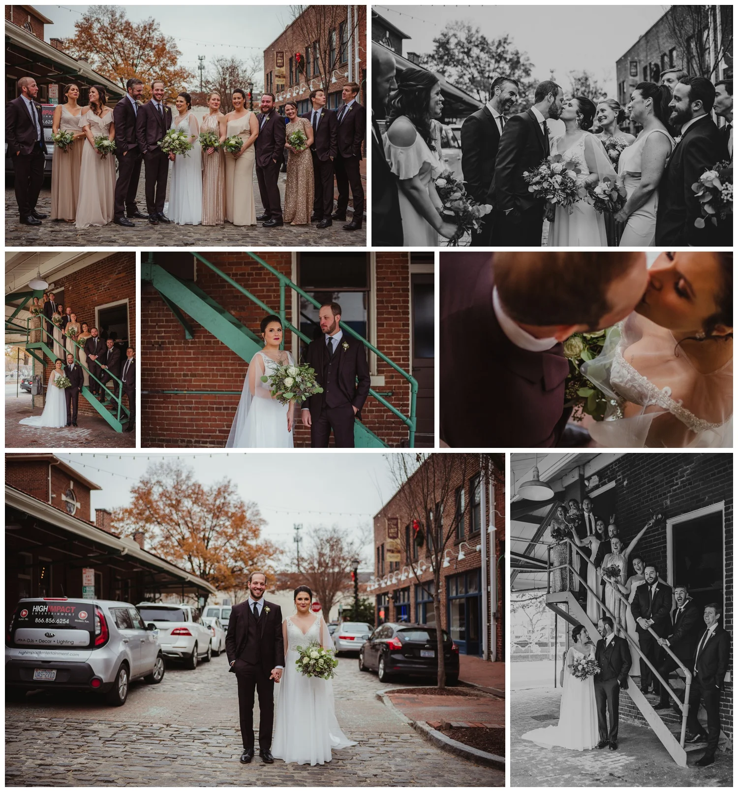 The bride and groom posed on the cobblestones outside with their bridal party before her wedding ceremony in downtown Raleigh, photos by Rose Trail Images.