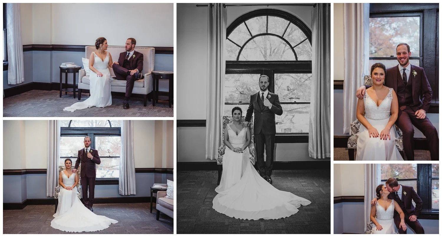 The bride and groom take inside portraits before their wedding ceremony in downtown Raleigh, photos by Rose Trail Images.