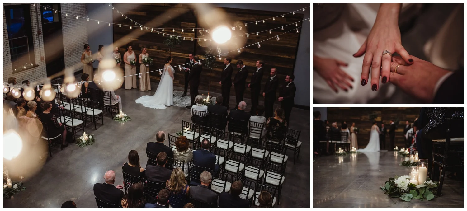 The bride and groom exchange vows under the market lights during their indoor wedding ceremony in downtown Raleigh, photos by Rose Trail Images.