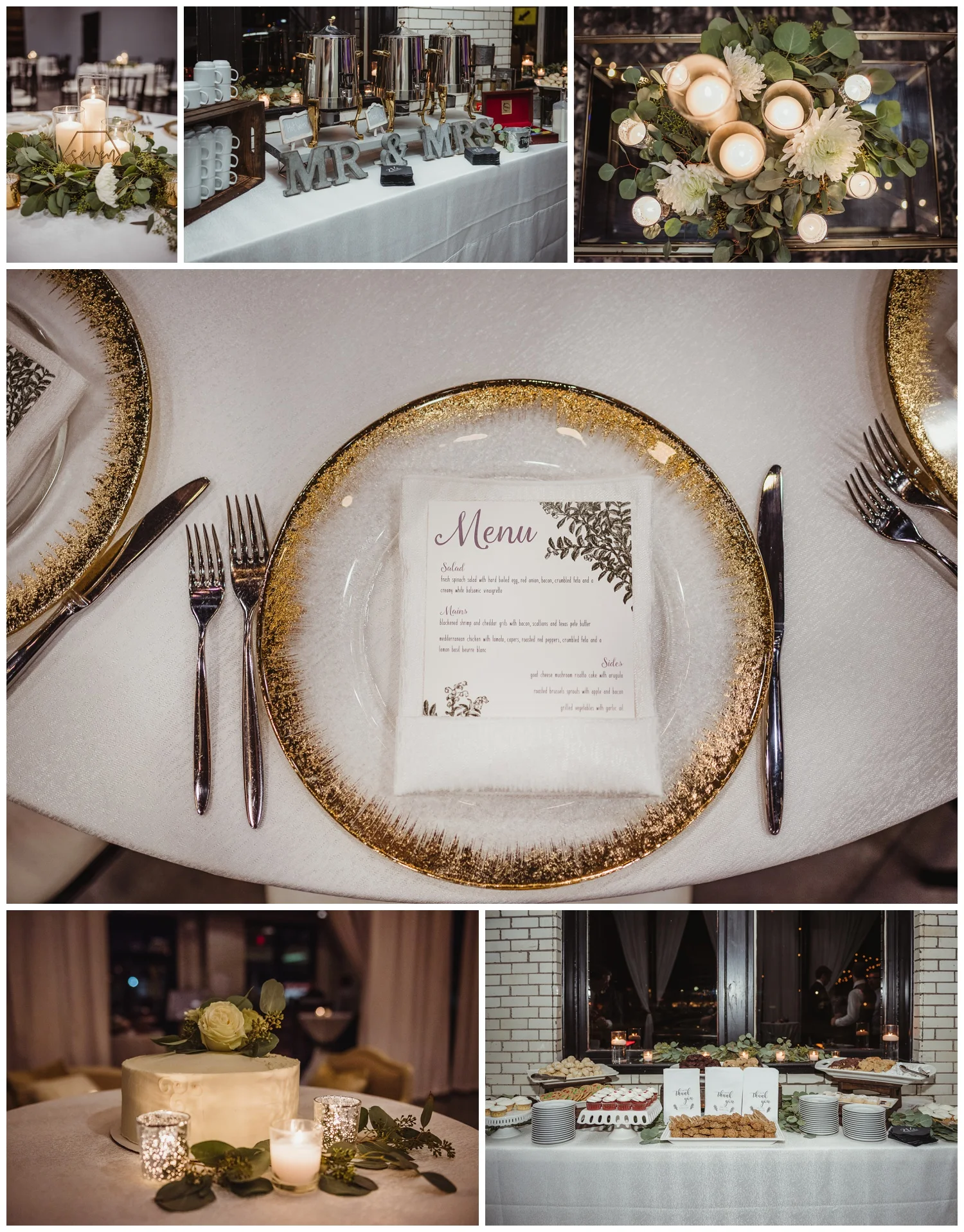 Wedding reception details in downtown Raleigh include gold chargers, lots of cookies, and a beautiful cake, photos by Rose Trail Images.