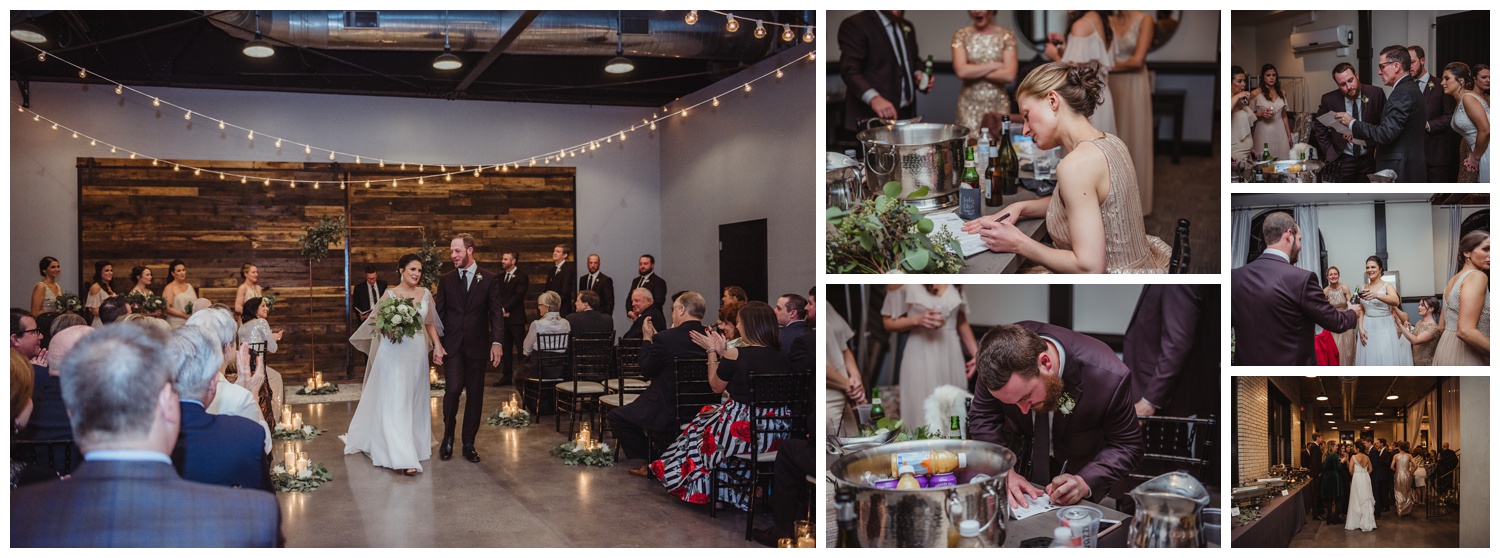 The bride and groom relax after their indoor wedding ceremony in downtown Raleigh, photos by Rose Trail Images.