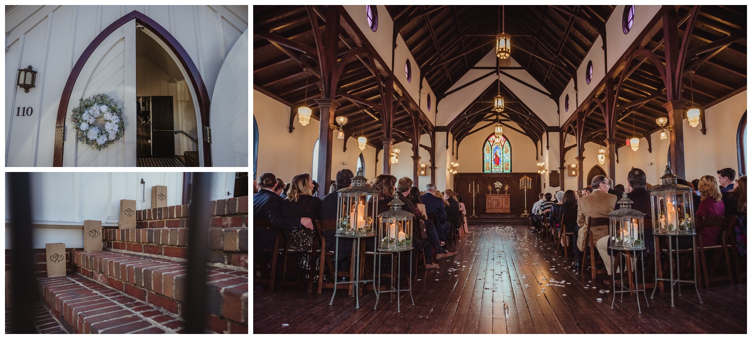 Wedding details of All Saints Chapel in Raleigh, North Carolina included paper bag lumineers, a white wreath, and lots of candles inside the chapel, pictures by Rose Trail Images.