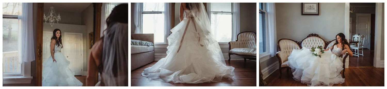 The bride poses in her wedding dress at the Mason Street Manor before her wedding day, pictures by Rose Trail Images.