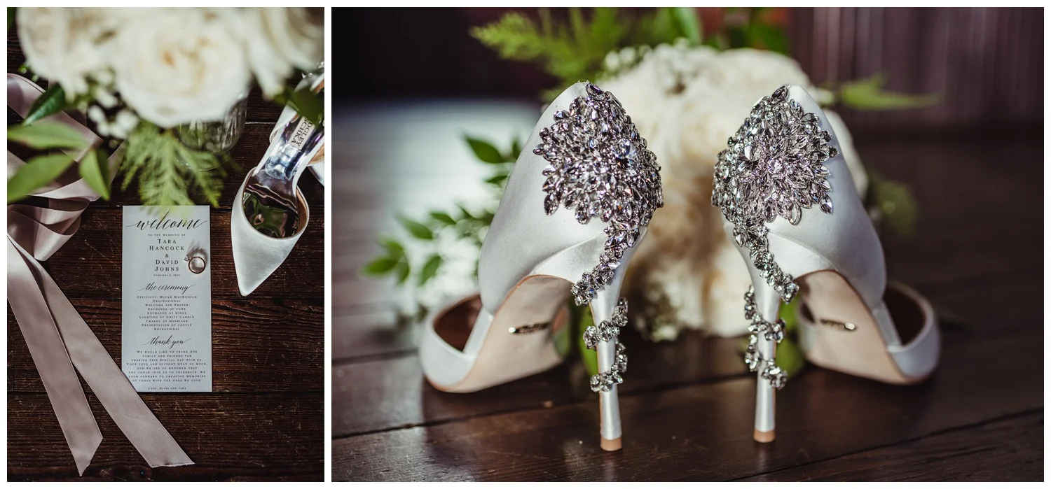 Details of the wedding include bejeweled Badgley Mischka heels, white roses, and the wedding rings at All Saints Chapel in Raleigh, North Carolina, pictures by Rose Trail Images.