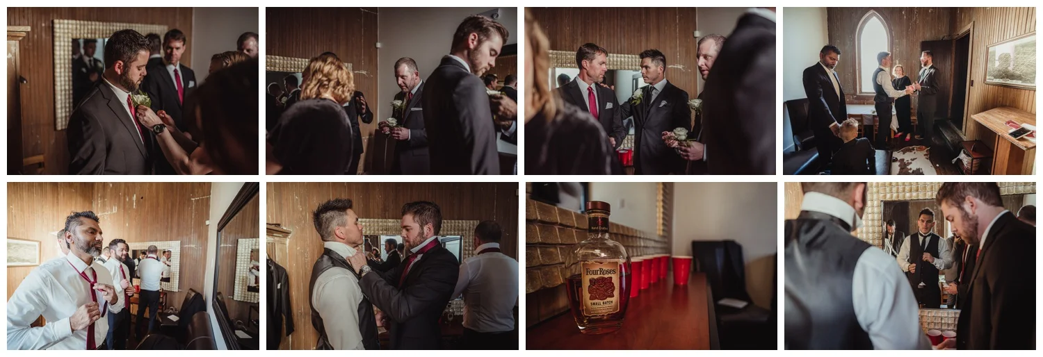 The groom got ready with all of his guys before his wedding ceremony at All Saints Chapel in Raleigh, North Carolina, pictures by Rose Trail Images.