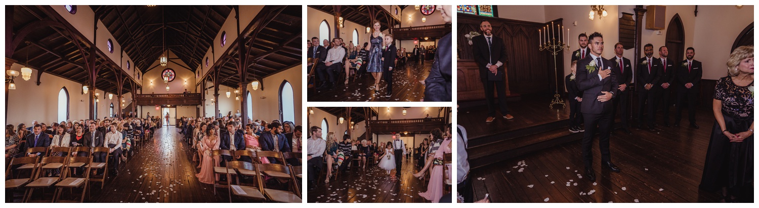 Attendants walked down the aisle before the wedding ceremony at All Saints Chapel in Raleigh, North Carolina, pictures by Rose Trail Images.