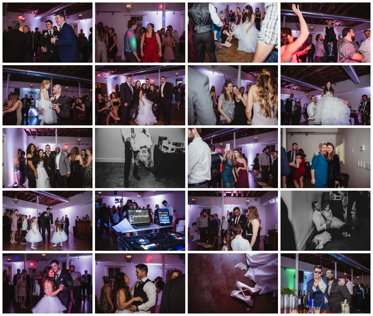 The bride and groom danced downstairs with all of their guests after their wedding ceremony at All Saints Chapel in Raleigh, North Carolina, pictures by Rose Trail Images.