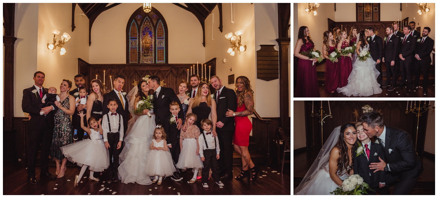 The bride and groom do family portraits inside after their wedding ceremony at All Saints Chapel in Raleigh, North Carolina, pictures by Rose Trail Images.