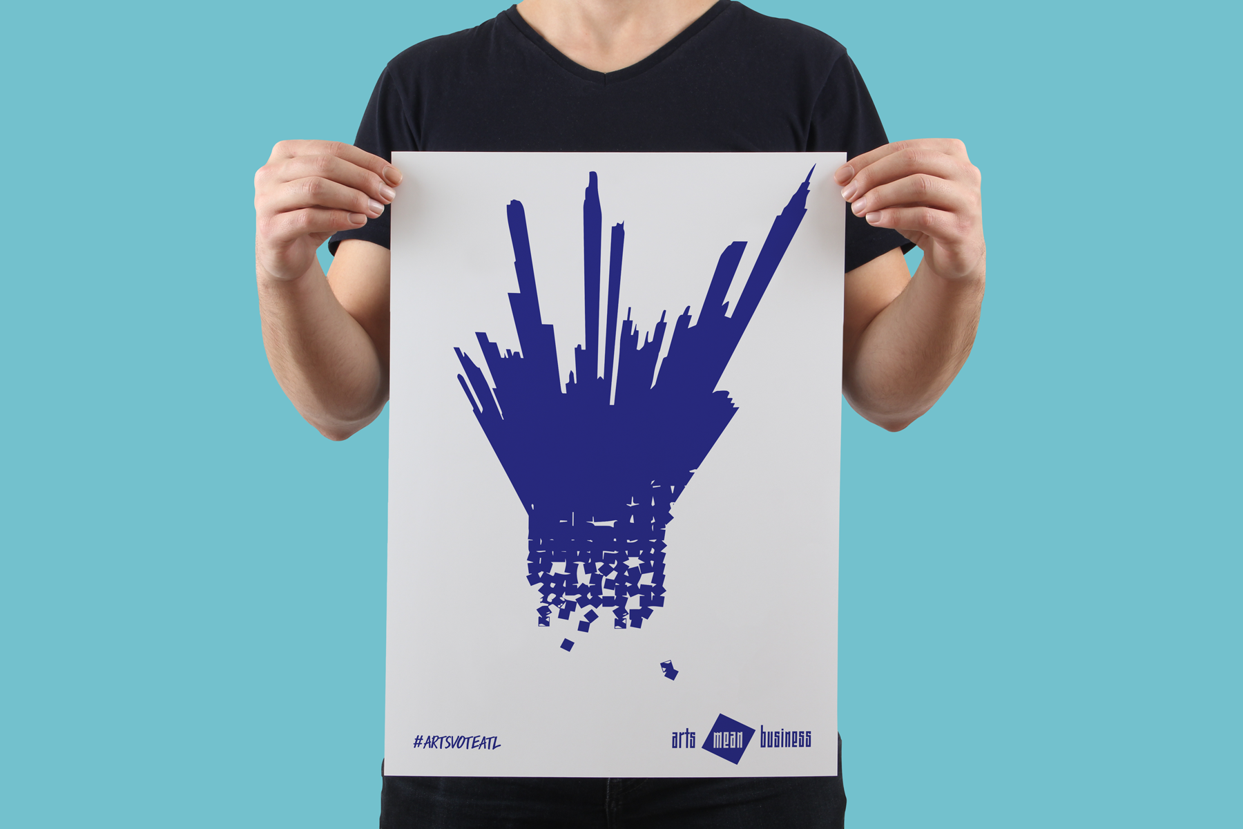 The concept: Given the title of "Arts Mean Business", the design was based around the idea that arts is the building block in business. Arts, design and creativity is the foundation to a great city. We illustrated abstract pieces as building blocks to form the skyline in the "build ATL" designs. 