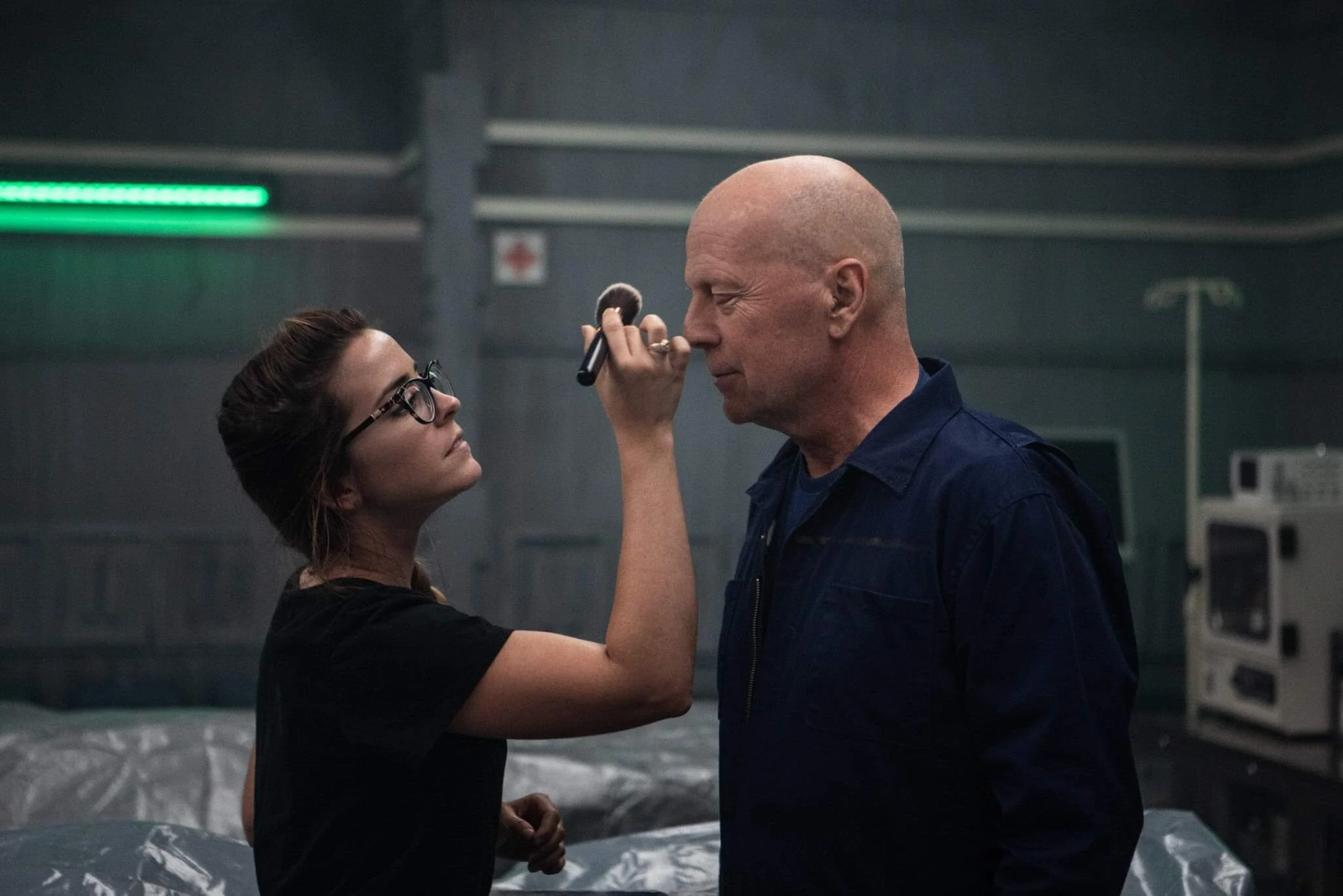 behind the scenes, Bruce Willis, makeup artist, hair stylist, mua, set makeup, touch ups, last looks, on set, makeup, actors