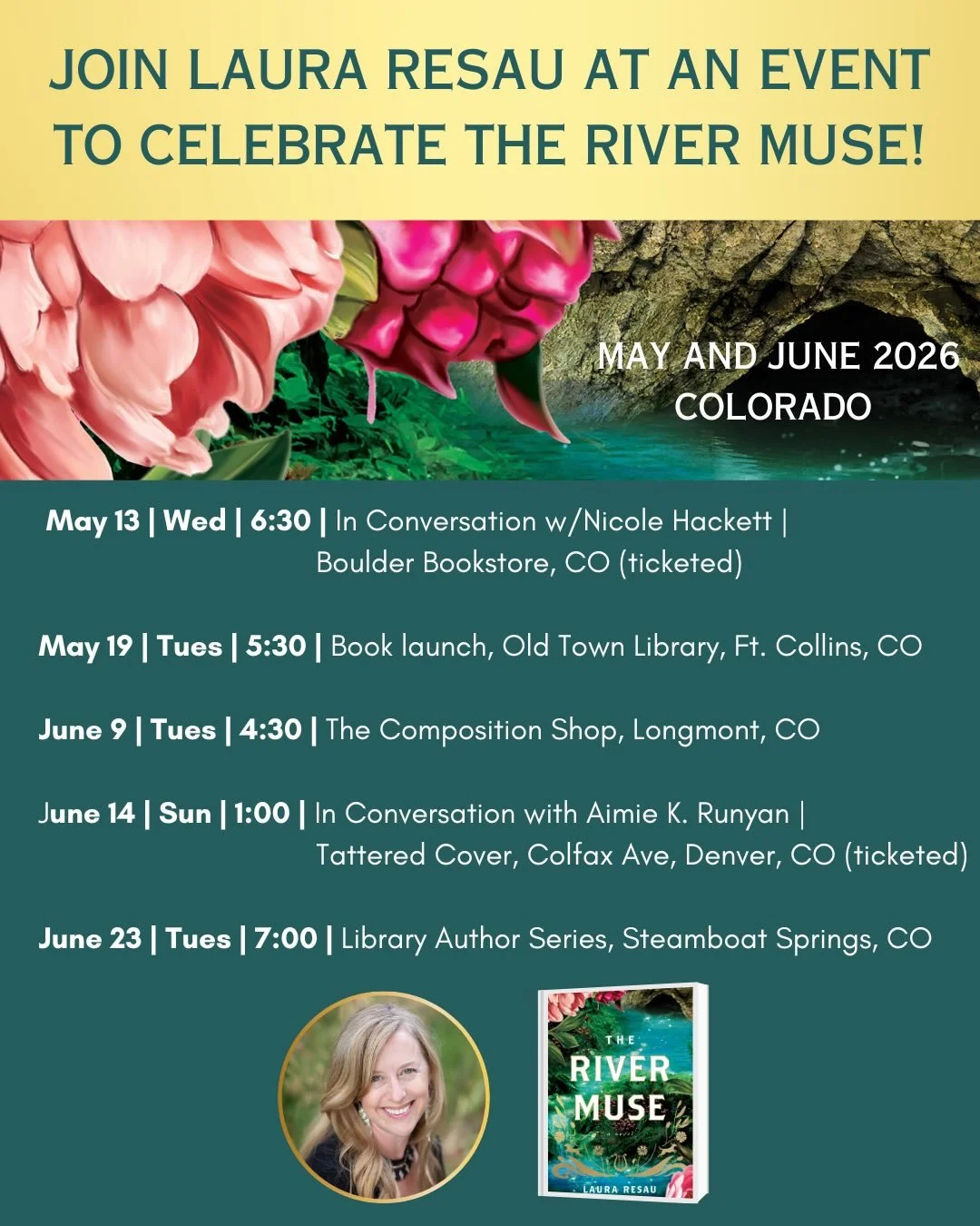 Colorado friends! I hope you can make it to one of my events for The River Muse in May or June! 🪉🩵 Please save the date&hellip; And once I have links to the ticketed events at the Boulder Bookstore and the Tattered Cover, I will let you know! 📚💫
