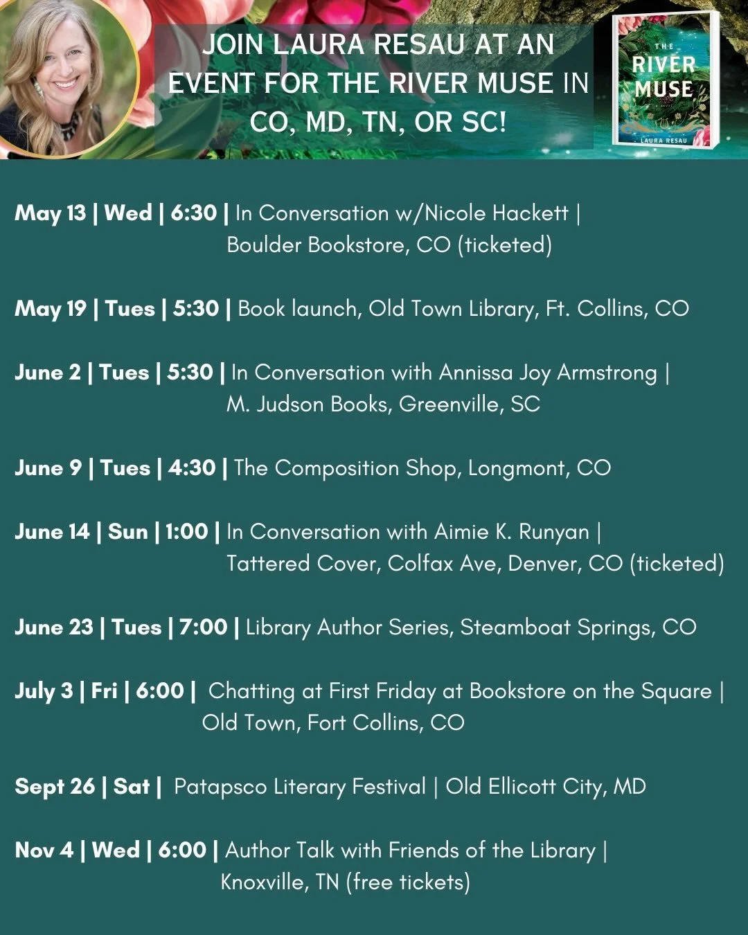 My friends, only five more days till The River Muse is out in the world! I'd love to see you at an upcoming event&hellip; 🌟🎉

Please save and share this post with friends and family and book clubs in Colorado, Maryland, Tennessee, and South Carolin