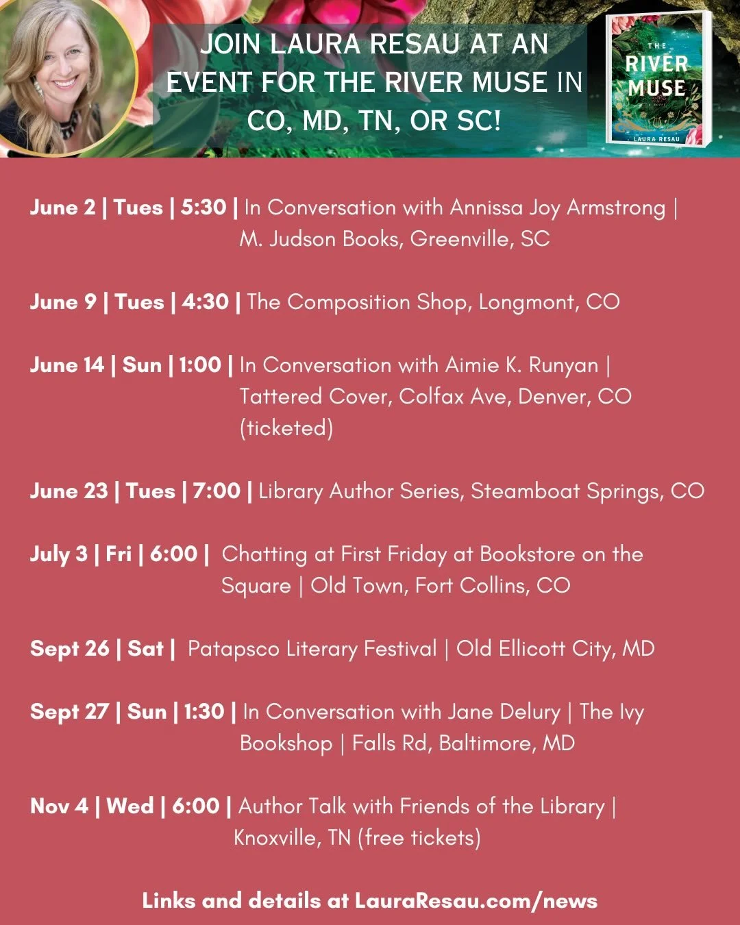 Hope to see you at an upcoming event, my friends! 🌞 Next up is Greenville, SC on June 2! Then Longmont on June 9, Denver on June 14, Steamboat on June 23, Fort Collins on July 3... and then some fun fall events in Knoxville and Maryland! (Note the n