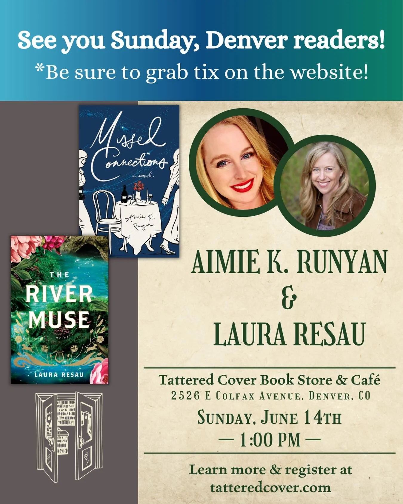 So excited about this event coming up this Sunday in Denver at 1 o'clock at the Tattered Cover on Colfax Avenue! 📖🩵🌞

I'll be in conversation with my friend, Aimie K Runyan, talking about our new releases&hellip; *The River Muse* and *Missed Conne