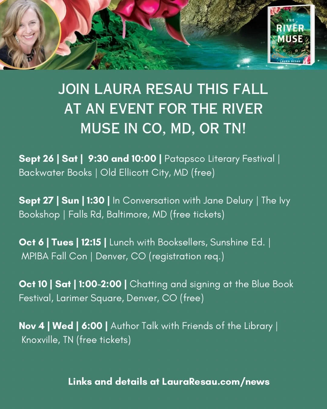 Friends in Colorado, Maryland, and Tennessee! I hope to see you at one of my events coming up this fall.🍁📖🌞

This Saturday morning, September 26, I will be at the Patapsco literary festival in Old Ellicott City. This is free.💫

On Sunday, I will 