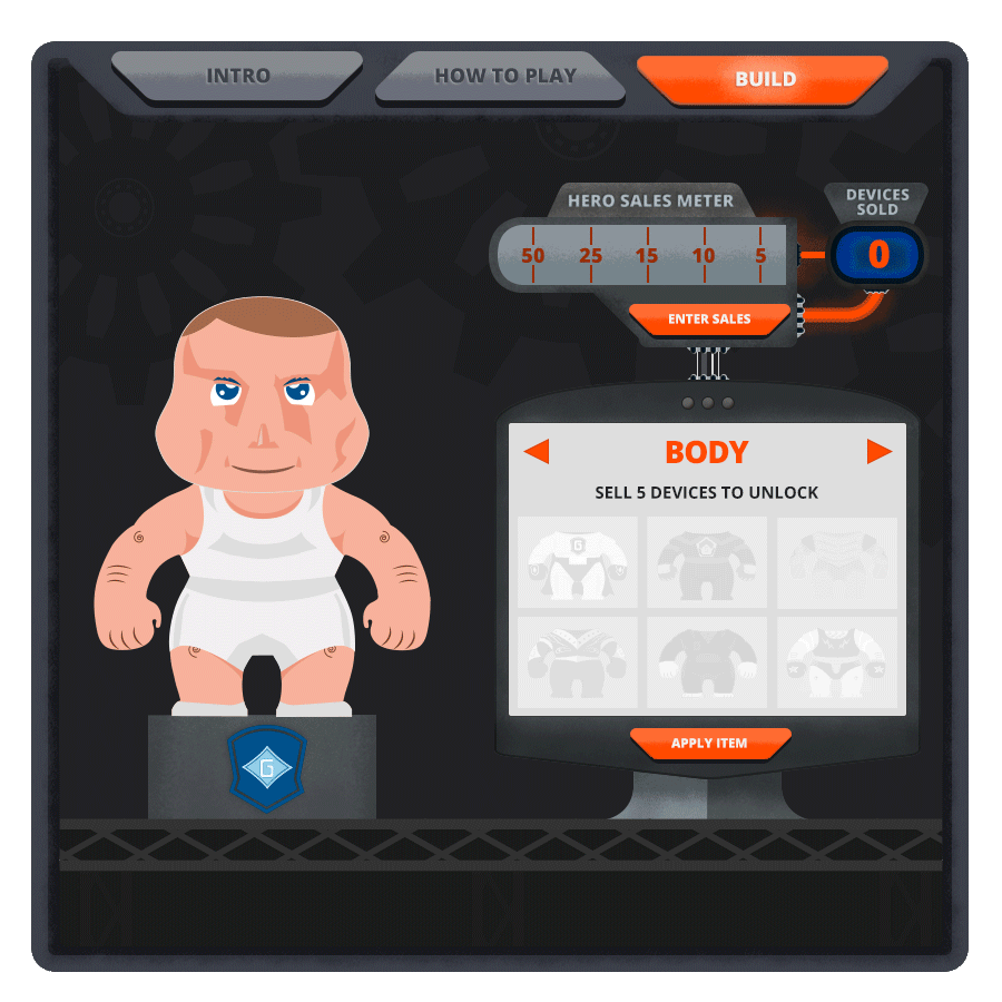As users sold more devices, they unlocked new character pieces. My personal favorite was always the cybernetic gadget hero.