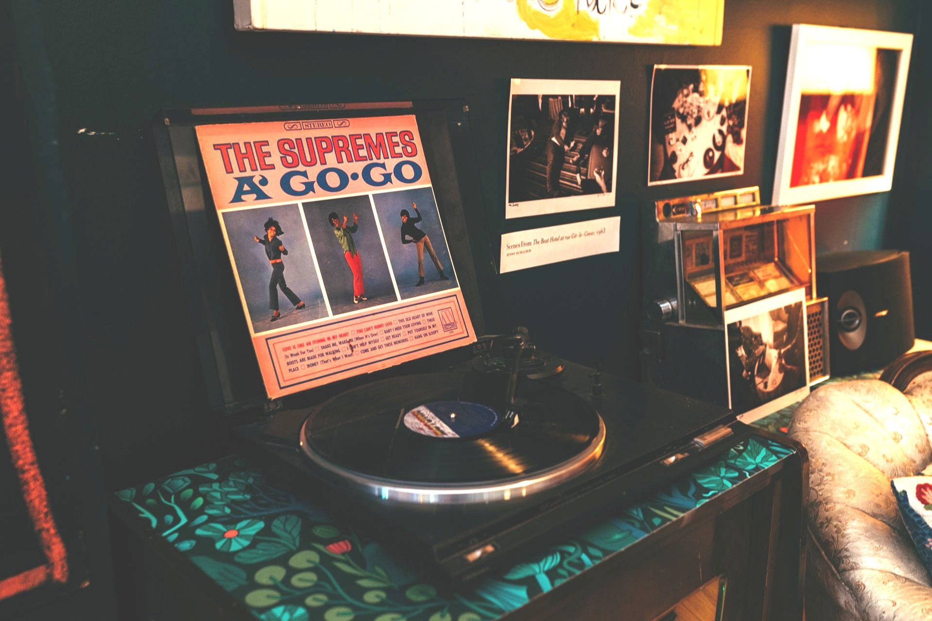 A record player in the lobby