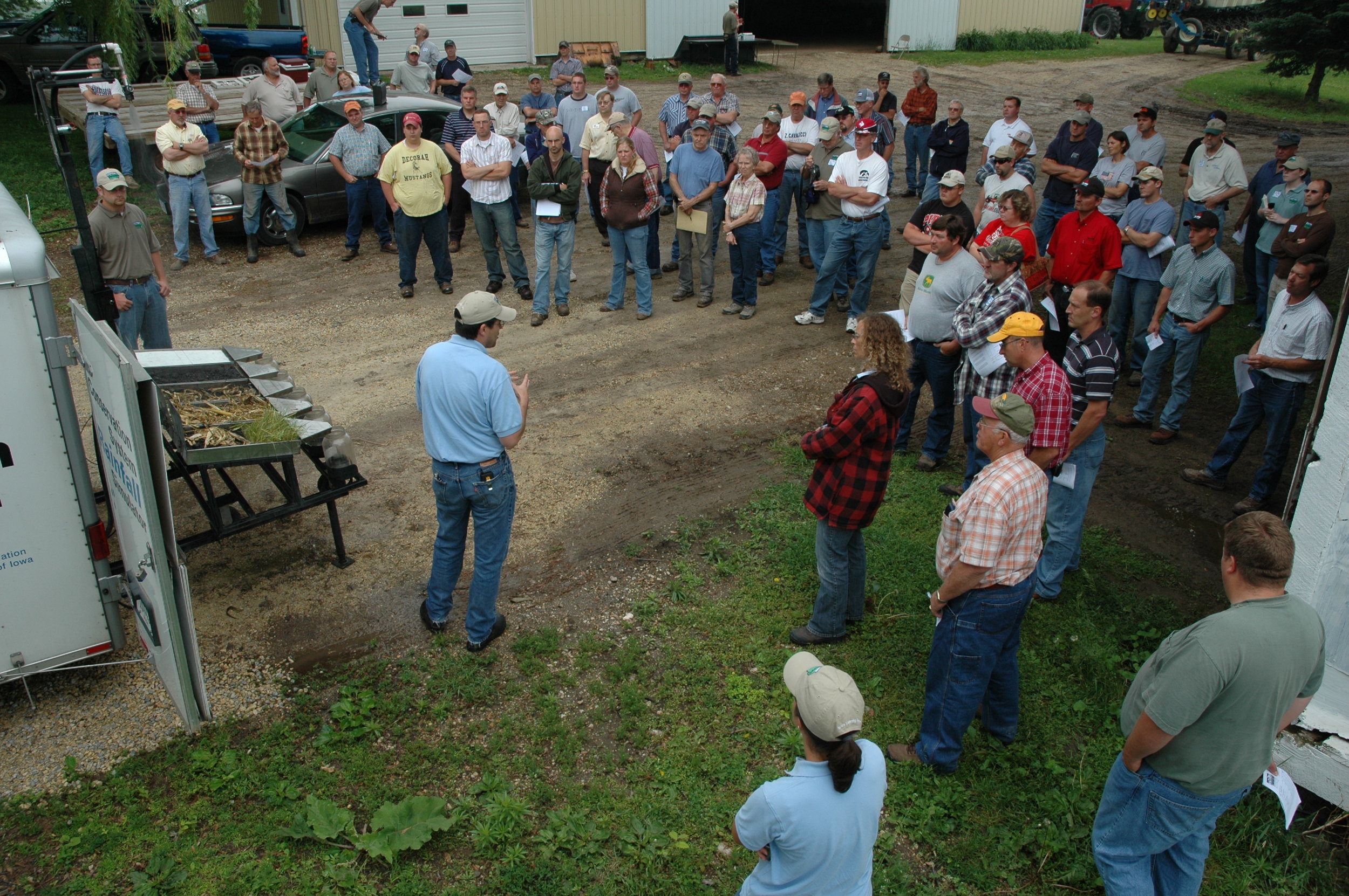 Matthew Helmers has been studying nitrate-N movement to downstream waterbodies since joining Iowa State in 2003. At this field day near Decorah, he demonstrated water transport using the Iowa Learning Farms rainfall simulator. Photo Credit: Charles Wittman