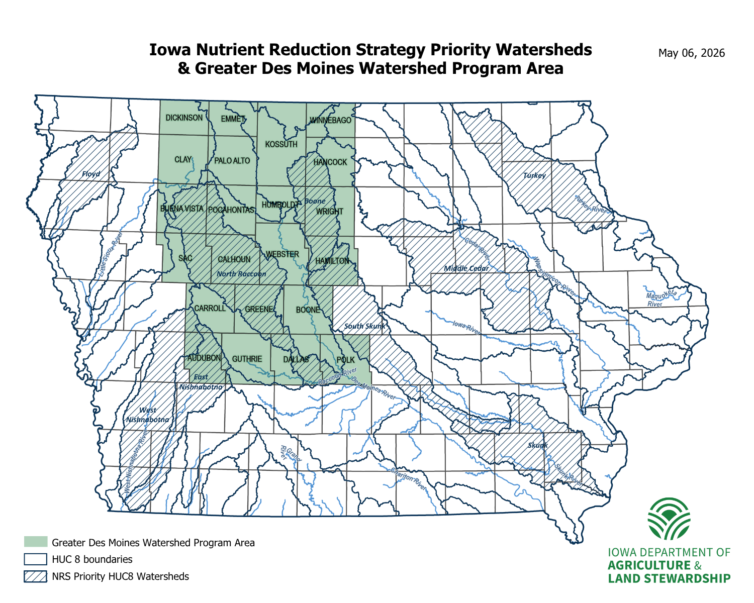 Iowa map with Iowa Nutrient Reduction Strategy Priority Watersheds and Greater Des Moines Watershed Program Area