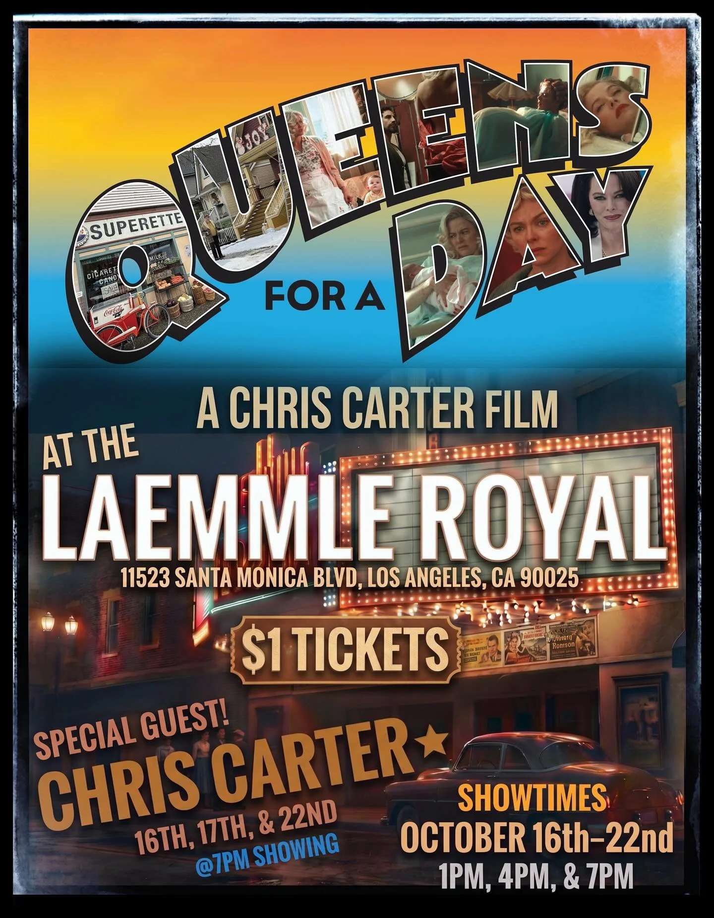 REPOST aka What I&rsquo;ve Been Working On All Year 😎
I&rsquo;ll be at the 10.16 7pm screening.
********************************************
Los Angeles! Join us at the Laemmle Royal for daily showtimes of Queens for a Day between October 16th - Oct