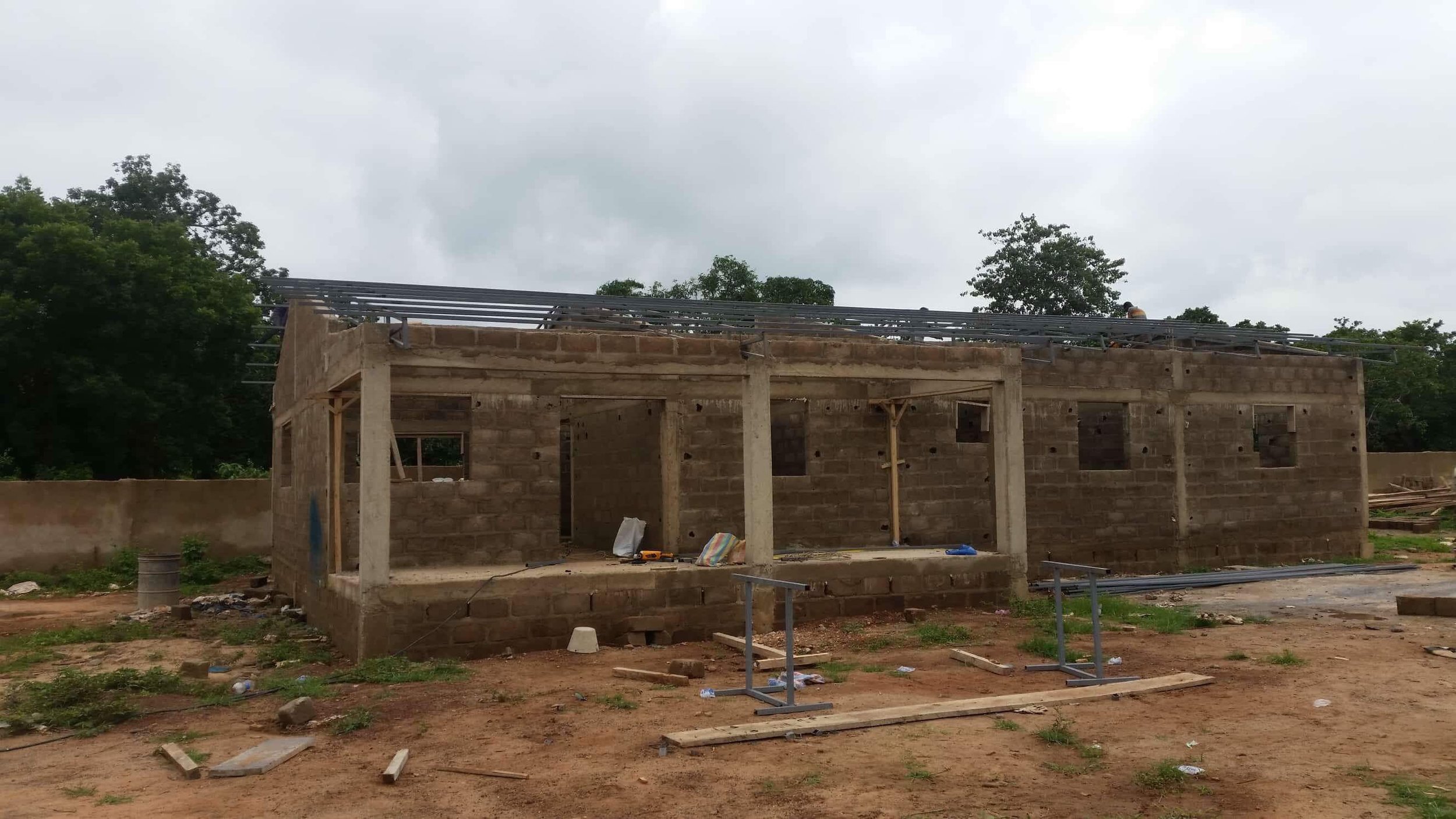 The front of the home with roof trusses in place.