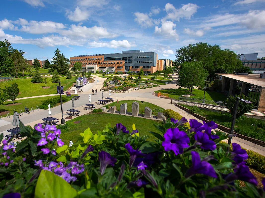 UW-Whitewater Campus in the Spring with Purple Flowers