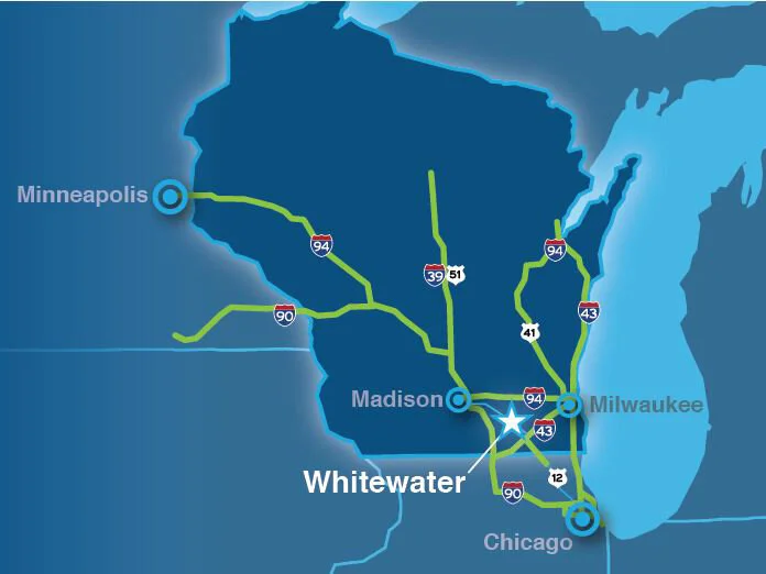Map Showing the proximity of Whitewater to major cities