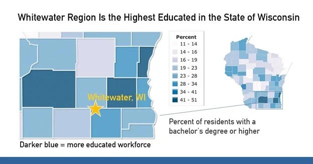 Image created by Wisconsin Innovation Service Center at UW-Whitewater. The image consists of color-coded counties in Wisconsin based on the percentage of residents with a bachelor's degree or higher.