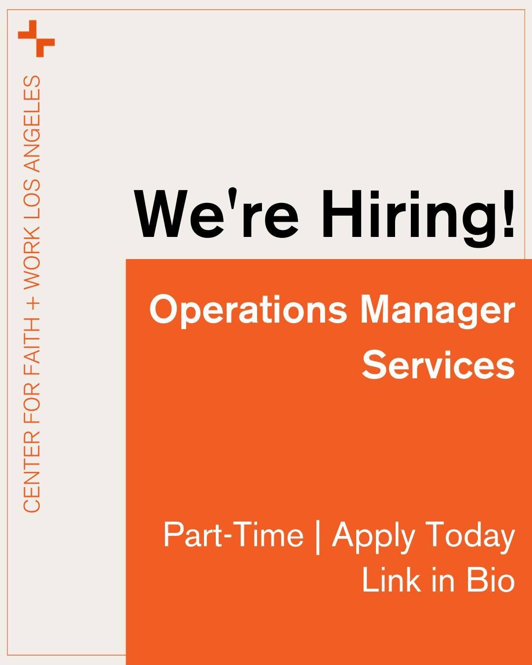 We're Hiring! Operations Manager Services | Part-Time 

The Center for Faith + Work Los Angeles seeks an individual experienced in Operations Manager services to oversee, manage, and help administrate all CFWLA programs and events. Along with managin